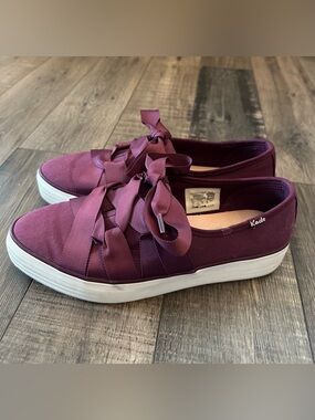 Keds Women’s Size 8 Burgundy Canvas Slip On Platform W/ Ribbon Ties Shoes